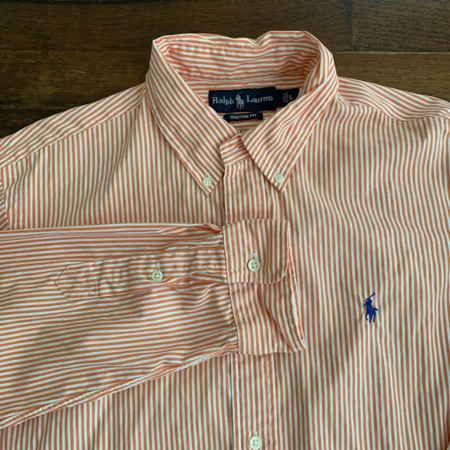Polo Ralph Lauren Mens Large Long Sleeve Button Down Orange/White Striped Shirt