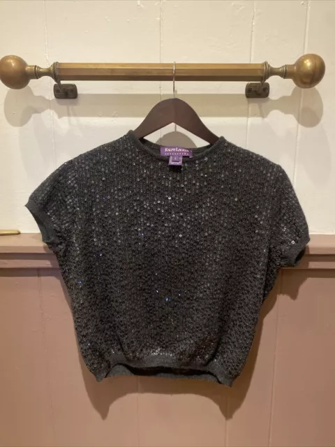 Ralph Lauren Purple Label Sequined Cashmere Short Sleeve Sweater Black/Grey Sz L