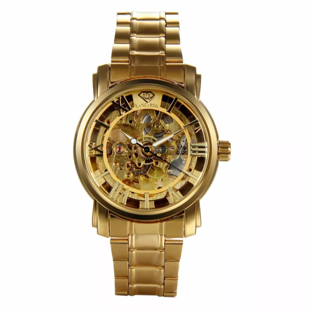 Men‘s Stainless Steel Skeleton Automatic Mechanical Wrist Watch Luxury Gold Tone