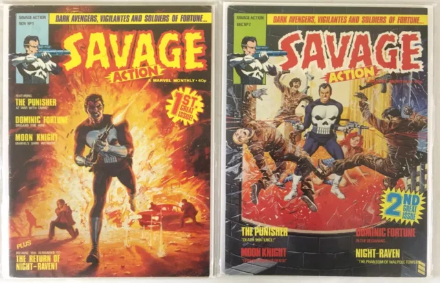 Savage Action #1 + 2 (1976) PUNISHER, Moon Knight, Marvel UK Magazine 1980 Vol 1
