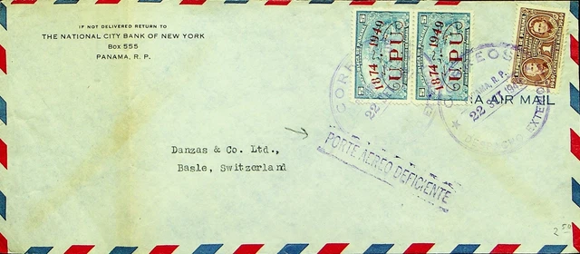 Sephil Panama 1949 Post WWII 3v Nat 'L Bank Von Ny US Abdeckung Sich Schweiz +