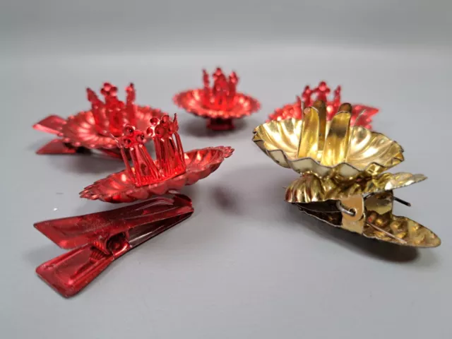 vintage x 5 clip on metal christmas tree candle holders red gold retro xmas deco