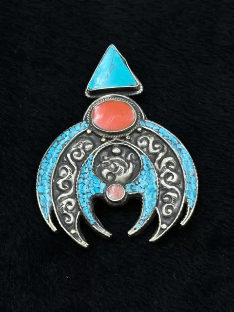 Unique Design Vintage Handmade Silver Pendant With Coral And Turquoise Stone