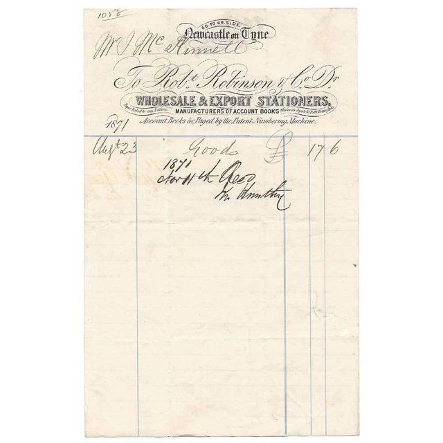 1871 Billhead, Robert Robinson & Co, Stationers, 60 Side NEWCASTLE