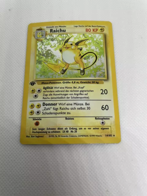 1. Edition Raichu 14/102 Pokemon Karte Basis-Set Rare Holo