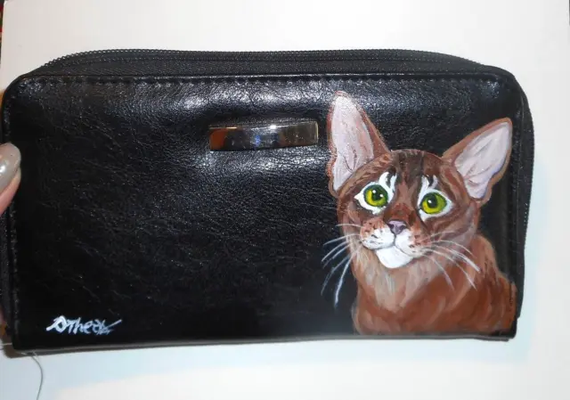 Abyssinian Cat Portrait Minimalist Wallet for Women  Hand Painted Vegan Leather
