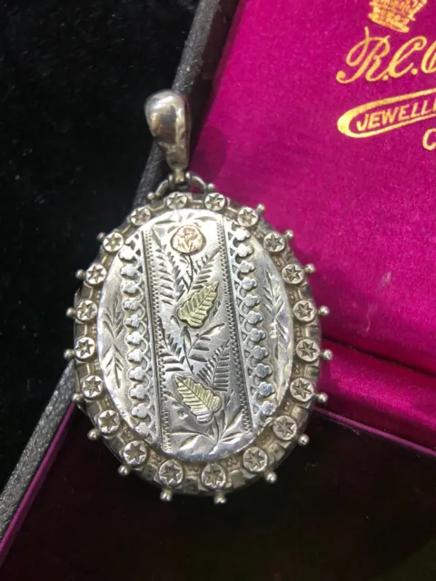 Antique Large Ornate Silver Locket Pendant, Aesthetic Movement, Victorian, Leaf