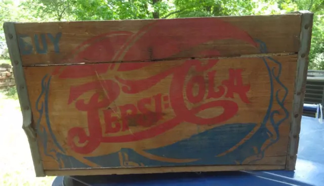 Pepsi Cola Advertising Wooden Wood Crate Bottle Cap Graphics Vintage