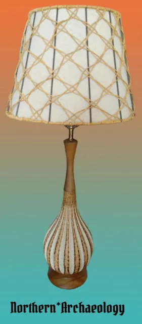 Vtg MCM Atomic Danish striped brown chalkware/ceramic & teak wood table lamp