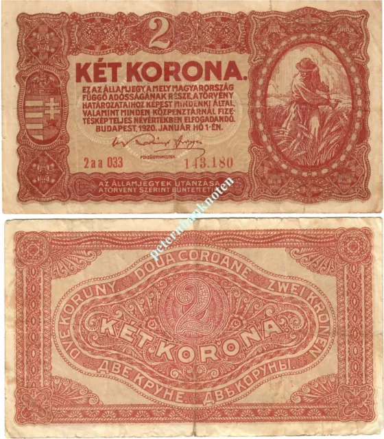 Hungary / Ungarn 2 Ket Korona 1920  (  VF- F )  670# Gebraucht used..