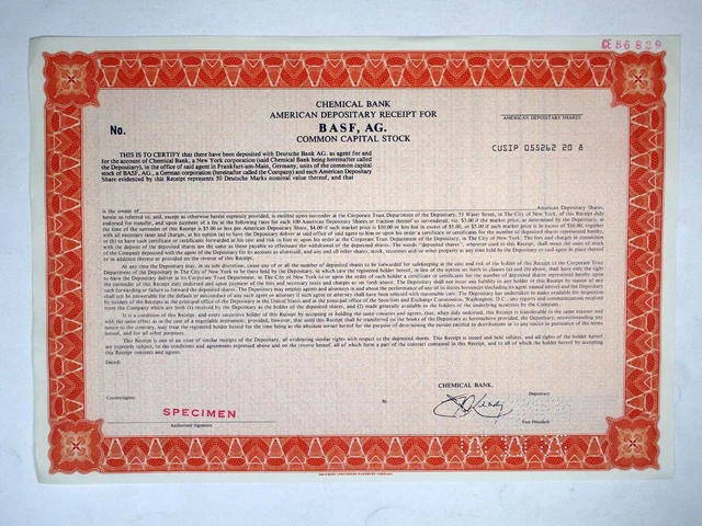 Germany. Basf Aktiengesellschaft, 1985 Specimen ADR Cert, XF ABNC