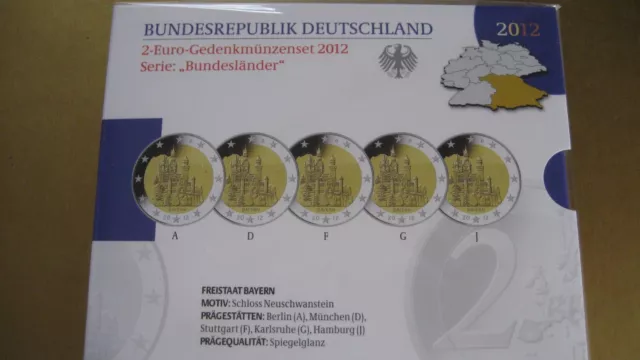 BRD 5 x 2 Euro Gedenkmünzenset 2012 Spiegelglanz Bayern