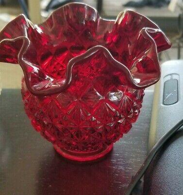 Vintage Fenton Ruby Red Hobnail Crimped Ruffled Vase