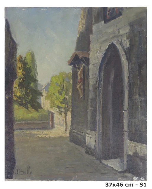 TABLEAU ANCIENNE SIGNÉ J Bolly Vue Église D'Aoste Peinture Huile Sur ...
