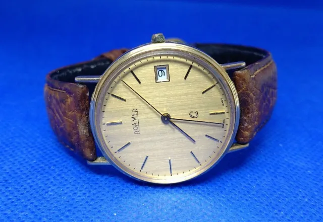Vintage Gents 9ct Yellow Gold Roamer Q Wrist Watch Swiss Made 375