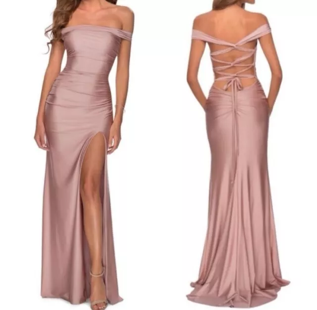 LA FEMME  Strappy Back Ruched Off the Shoulder Gown Mauve Size 2 NWOT