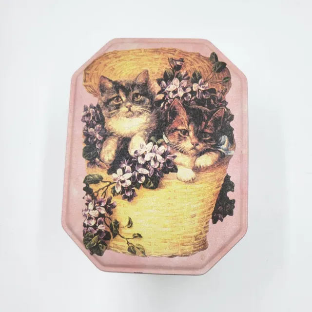 Vintage Pink Cat Tin Kittens In A Basket W/ Flowers Multi-Cat Portraits *Dented