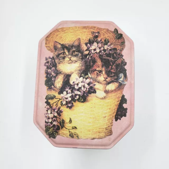 Vintage Pink Cat Tin Kittens In A Basket W/ Flowers Multi-Cat Portraits *Dented