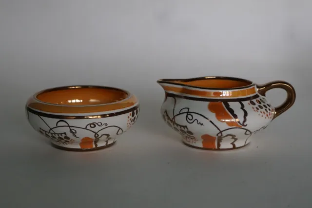 Grays Pottery ART DECO Orange & Copper Lustre VINE pattern Small Milk Jug & Bowl