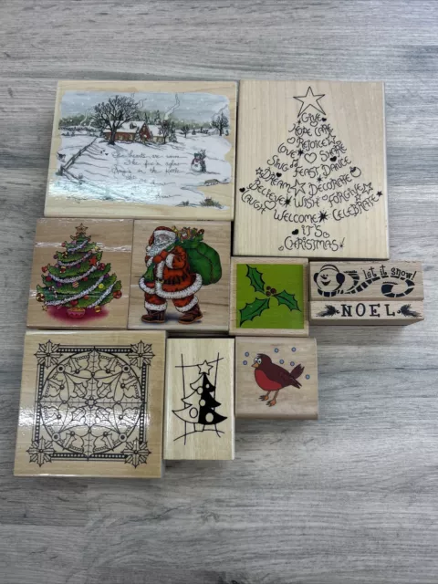 10 X Assorted Christmas Rubber Craft Stamps Robin Holly Tree Santa Noel Job Lot