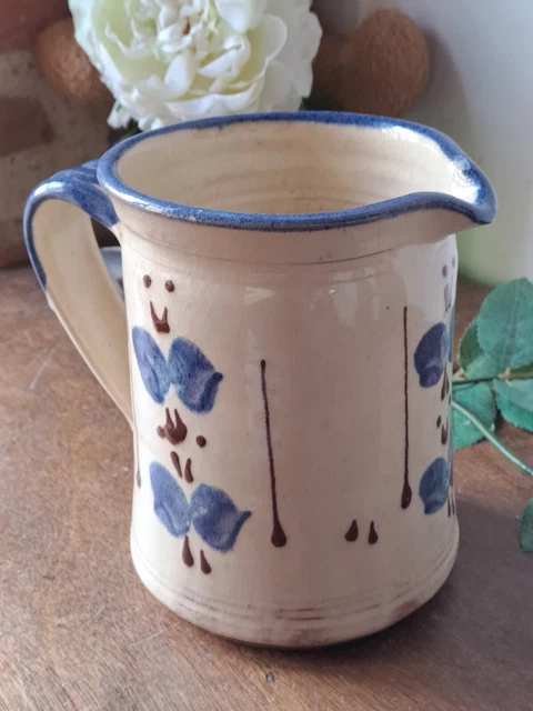 🟡 Pichet Carafe Broc Eau Pot ancien poterie émaillé décor floral bleu fait main