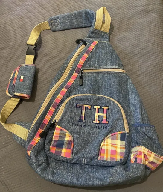 Vintage Tommy Hilfiger Women’s Denim/Pink Plaid Full Size Sling Backpack