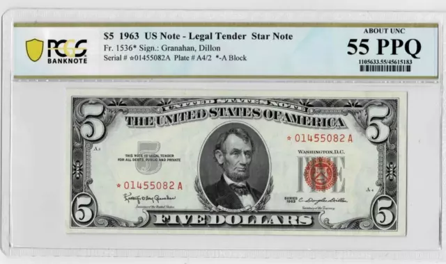 1963 $5 Legal tender Red Seal STAR note--fr. 1536* PCGS Banknote 55 PPQ!