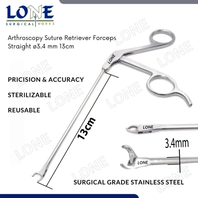 New Arthroscopy Suture Retriever Forceps Straight ø3.4 mm 13cm Orthopedics