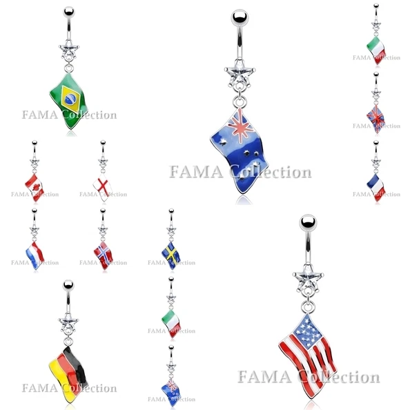 FAMA Surgical Steel Navel Belly Ring with National Flag Dangle & Clear Star Gem