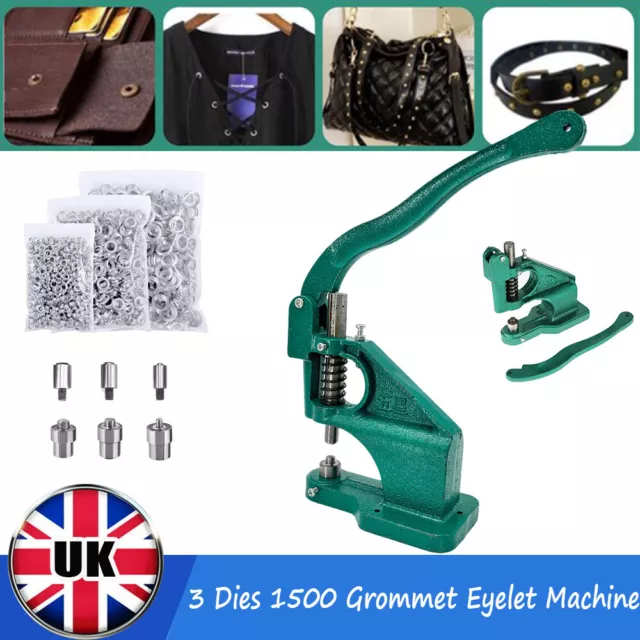 3 Dies Heavy Duty Hand Press with 1500 Grommet Eyelet Machine Punch Tool Kit UK