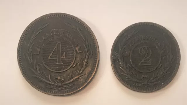 URUGUAY: 1869-H 4 and 2 CENTESIMOS SUN FACE Republica Oriental Del