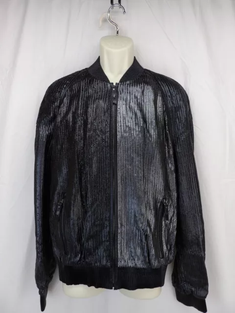 Nwt Versace A58670 Black Leather Sequin Effect Zip Bomber Jacket 54 Italy $5270