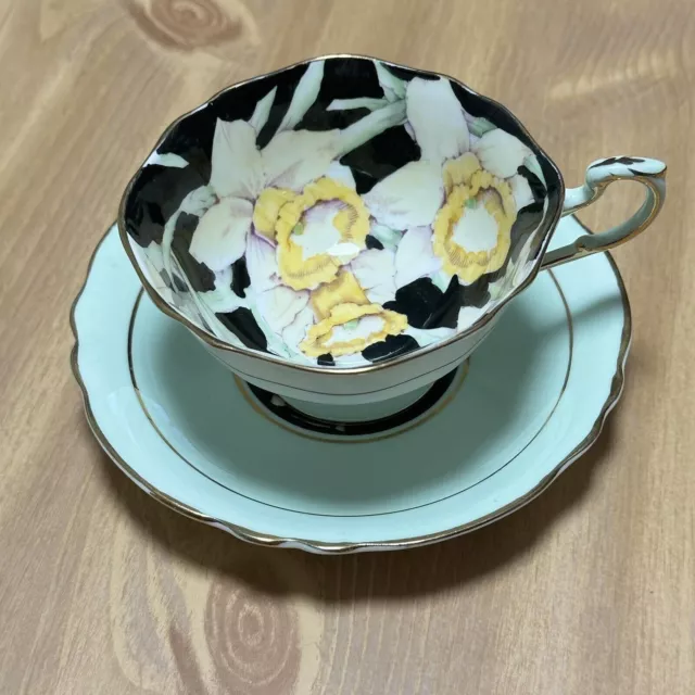 PARAGON - Vintage Daffodils Tulip Tea Cup & Saucer - Black, Gold & Mint Green