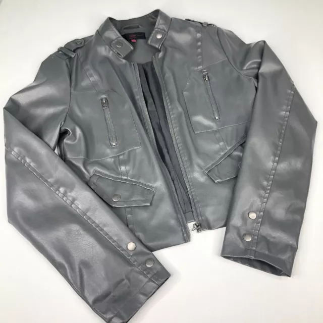New Look Womens Gray Jacket Faux Leather Moto Biker  Front Zip Pockets Size L