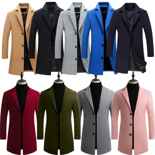 Men Winter Warm Formal Trench Coat Long Jacket Button Work Tops Outwear Overcoat