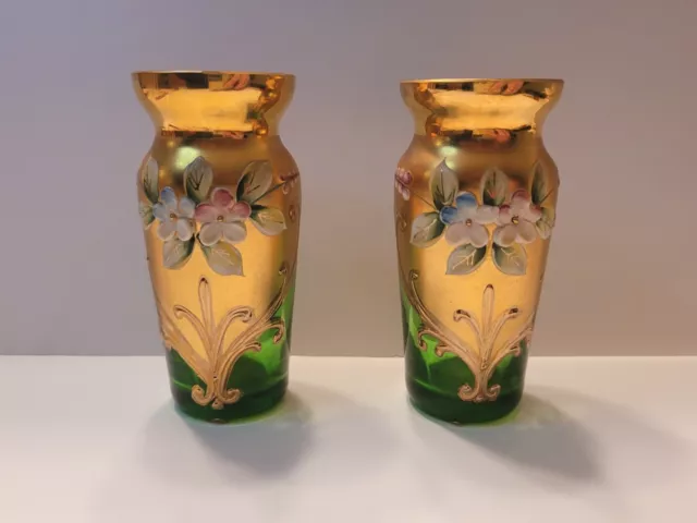 Vintage Pair MURANO Bohemian Green Glass 24K Gold Vase Italy 3.25" Pauly & C.