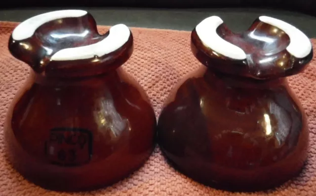Lot of 2 Collectible, Vintage PINCO 63 threaded, glazed brown ceramic insulators