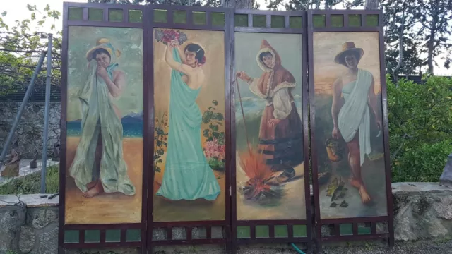 Biombo Antiguo Pintura Oleo 4 Mujeres De Diferentes Regiones Siglo Xix