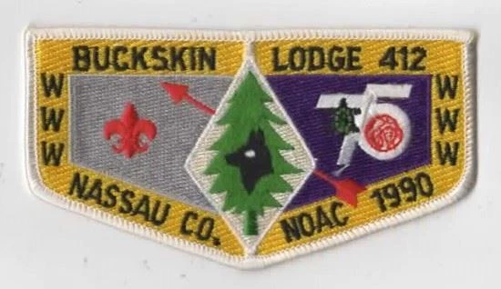 OA Buckskin Lodge 412 1990 NOAC Flap WHT Bdr. Nassau County Council [KY-2892]