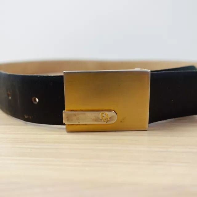 Christian Dior Belt Mens Black Leather Buckle 36 Authentic Logo Full Grain Rare