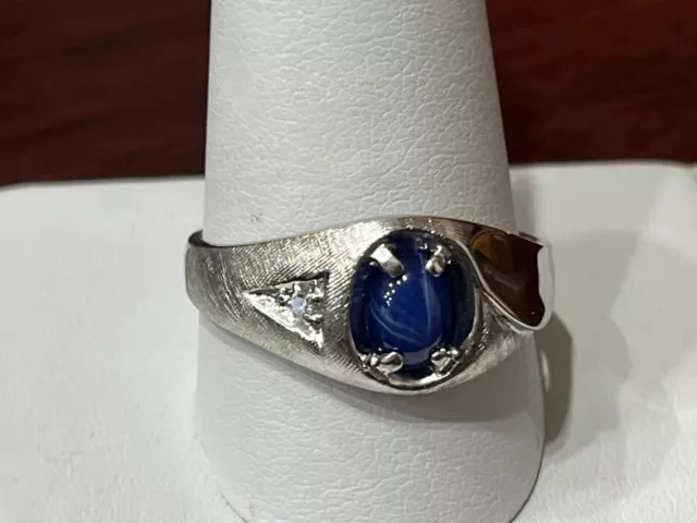 10K WHITE GOLD Mens Blue Star Sapphire Ring with Diamond Accent Size 12 ...