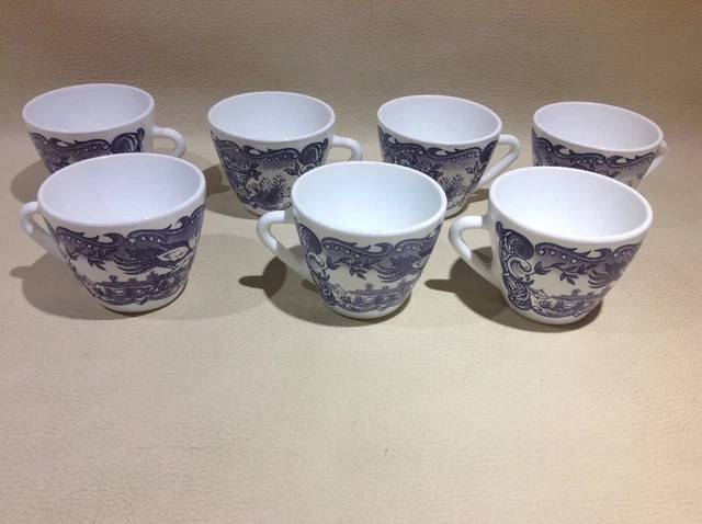 Lot 7 Tasses à Café moka expresso opaline Rivanel France decor bleu 60s