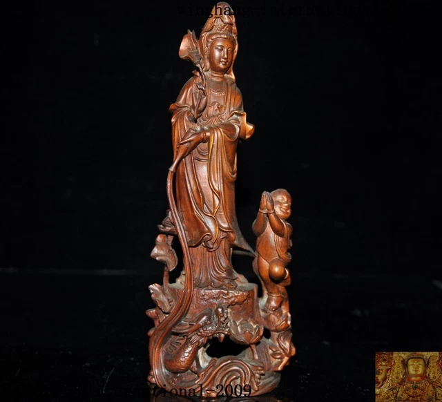 China temple Boxwood Wood carved Dragon boy lotus Kwan-Yin Guanyin Buddha statue