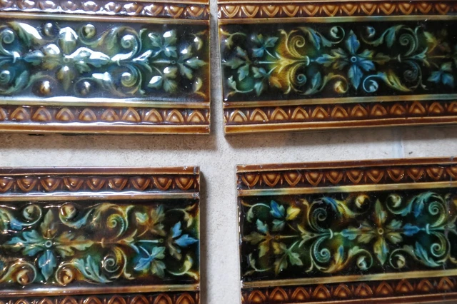 4 Art Nouveau Brown,Green,Blue Majolica 14.9 By 7.5Cm Leaves+Egg Dart Edge Tiles 3