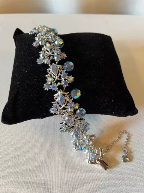 Vintage "Coro" Silver Tone AB Blue Rhinestone & Crystal Bracelet, Signed