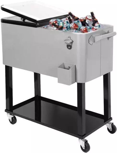 80 Quart Qt Rolling Cooler Ice Chest for Outdoor Patio Deck Party, Grey, Portabl