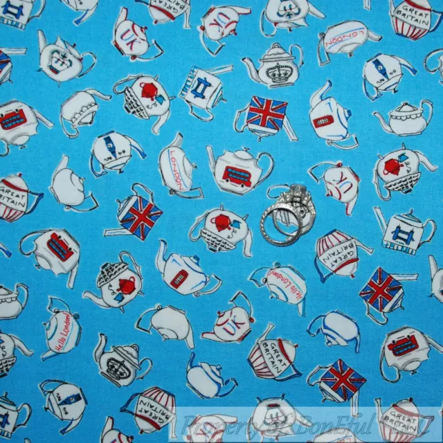 BonEful Fabric FQ Cotton Quilt Blue London British UK Flag Tea Pot Great Britain