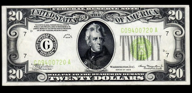 1934 Chicago $20 LGS (Light Green Seal) Federal Reserve Note AU