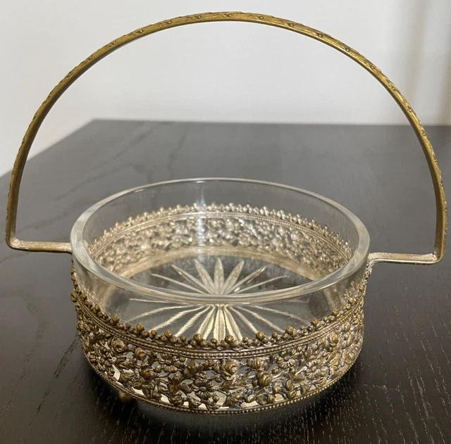 Antique Footed Brass Metal Basket Candy Dish with Beveled/Cut Glass Insert