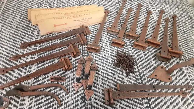 16 pair + VTG McKinney Forged Iron Strap Hinges 8.75" with Extras - Olde Copper